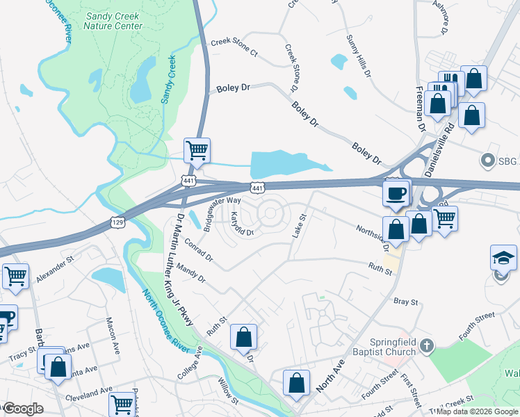 map of restaurants, bars, coffee shops, grocery stores, and more near 185 Bridgewater Circle in Athens