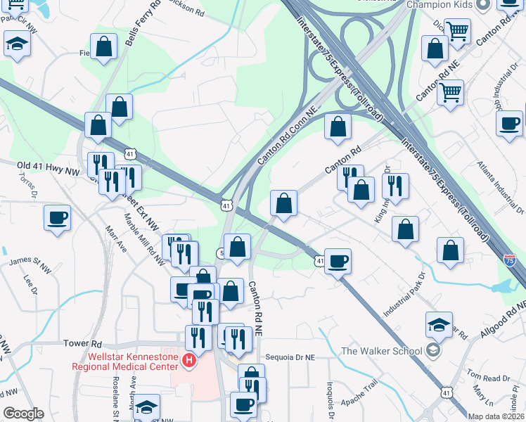 map of restaurants, bars, coffee shops, grocery stores, and more near 1051 Canton Road in Marietta
