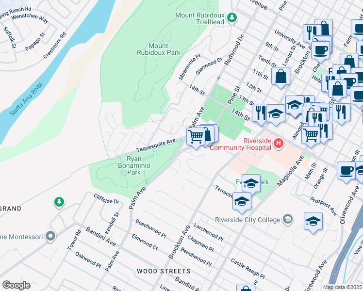 map of restaurants, bars, coffee shops, grocery stores, and more near 4372 Alta Vista Drive in Riverside
