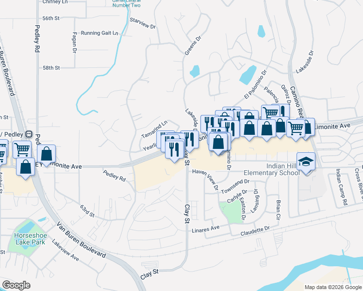 map of restaurants, bars, coffee shops, grocery stores, and more near Limonite Avenue in Riverside