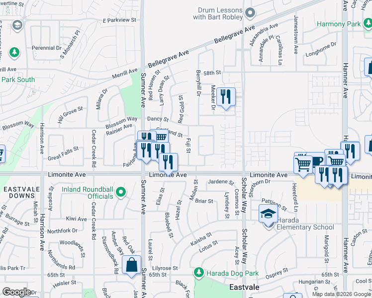 map of restaurants, bars, coffee shops, grocery stores, and more near 6148 Fuji Street in Corona