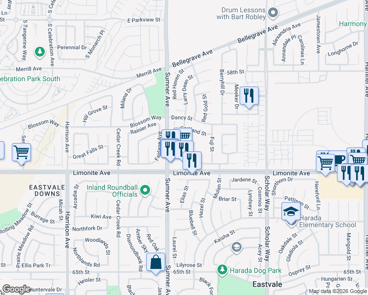 map of restaurants, bars, coffee shops, grocery stores, and more near 13311 Limonite Avenue in Corona