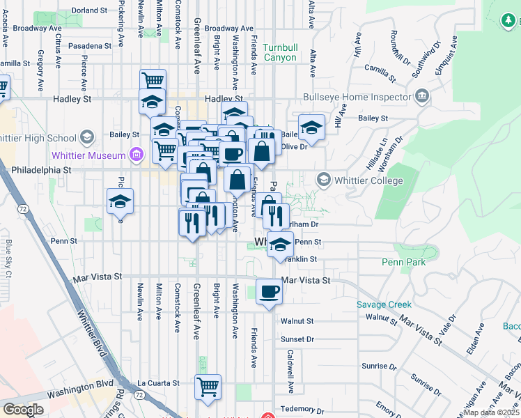 map of restaurants, bars, coffee shops, grocery stores, and more near 7218 1/2 Friends Avenue in Whittier