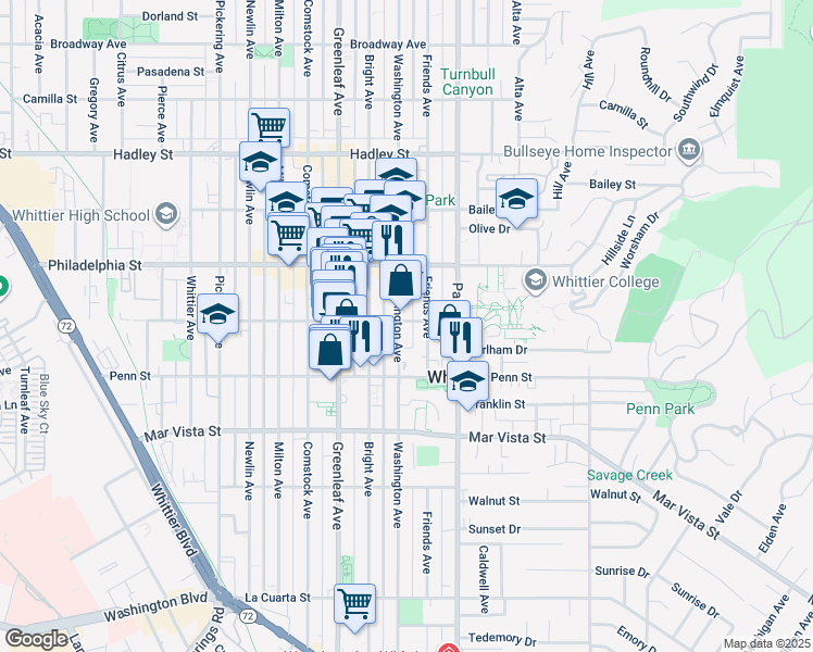 map of restaurants, bars, coffee shops, grocery stores, and more near 7223 Washington Avenue in Whittier