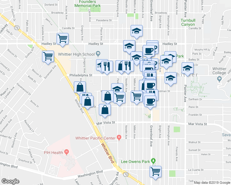map of restaurants, bars, coffee shops, grocery stores, and more near 7229 Pickering Avenue in Whittier