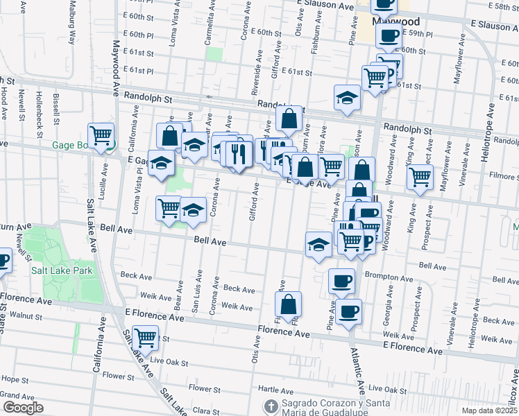 map of restaurants, bars, coffee shops, grocery stores, and more near 6616 Gifford Avenue in Bell