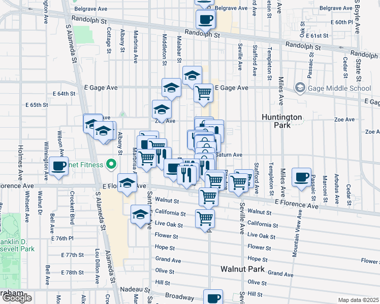 map of restaurants, bars, coffee shops, grocery stores, and more near 6911 Rugby Avenue in Huntington Park