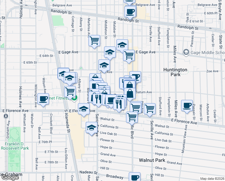 map of restaurants, bars, coffee shops, grocery stores, and more near 6908 Middleton Street in Huntington Park