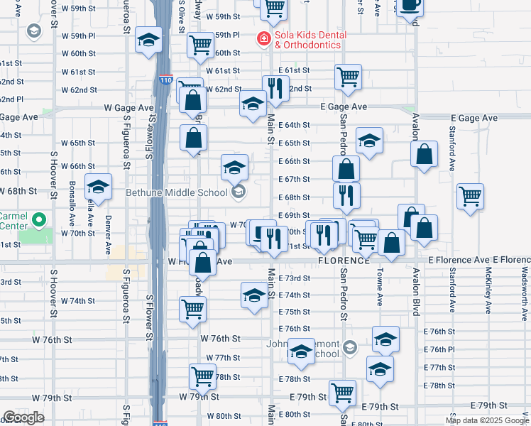 map of restaurants, bars, coffee shops, grocery stores, and more near 128 West 70th Street in Los Angeles