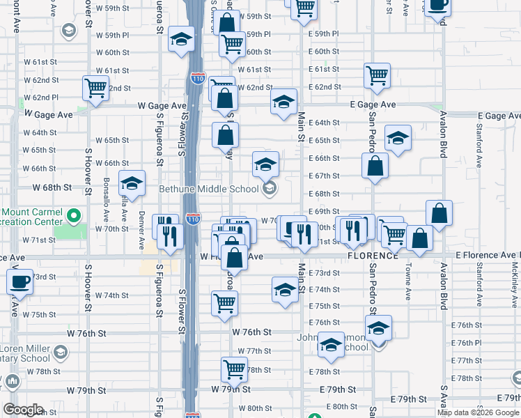 map of restaurants, bars, coffee shops, grocery stores, and more near 209 West 70th Street in Los Angeles