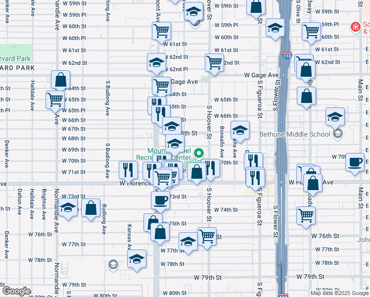 map of restaurants, bars, coffee shops, grocery stores, and more near 837 West 70th Street in Los Angeles