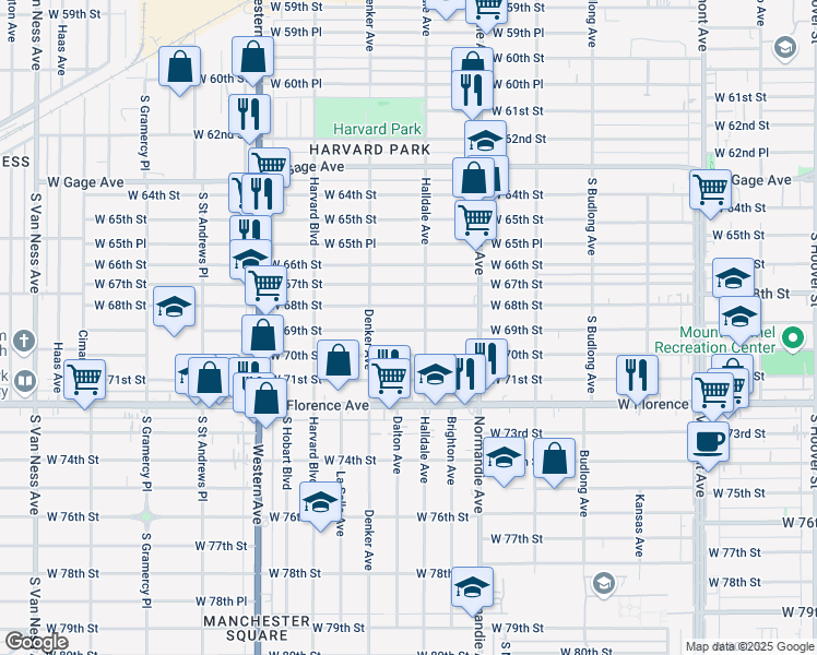 map of restaurants, bars, coffee shops, grocery stores, and more near 1531 West 70th Street in Los Angeles