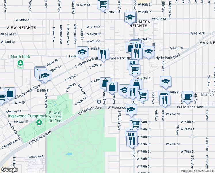 map of restaurants, bars, coffee shops, grocery stores, and more near 6808 West Boulevard in Los Angeles