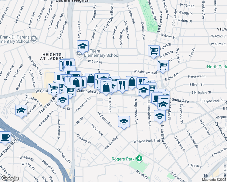 map of restaurants, bars, coffee shops, grocery stores, and more near in Inglewood