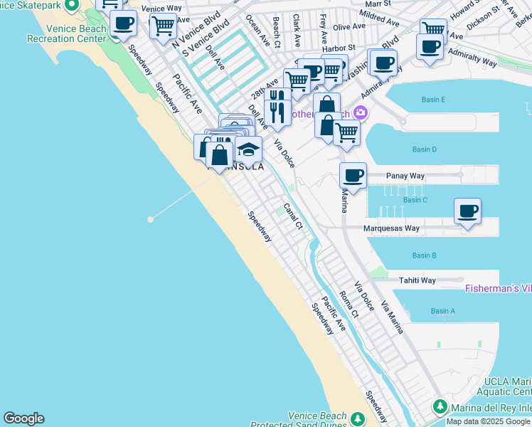 map of restaurants, bars, coffee shops, grocery stores, and more near 16 Eastwind Street in Marina del Rey
