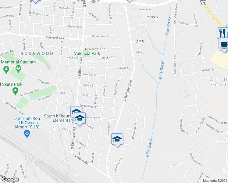 map of restaurants, bars, coffee shops, grocery stores, and more near 3944 Hickory Street in Columbia