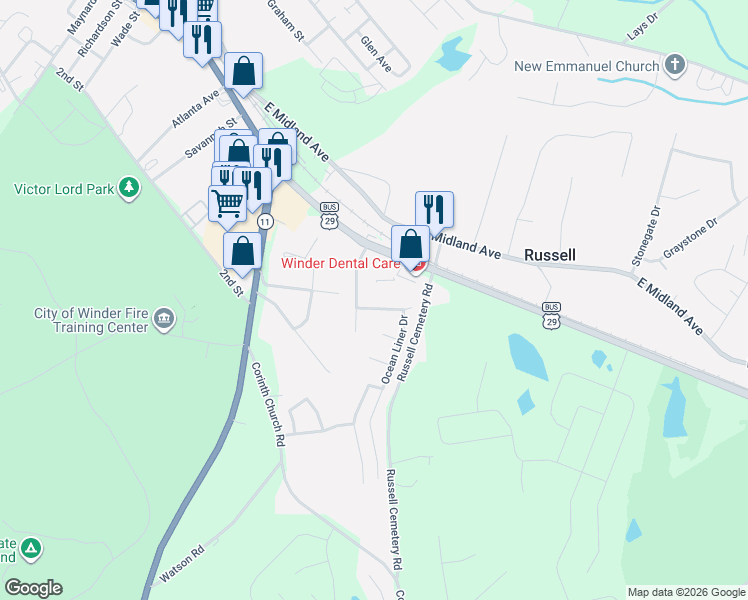 map of restaurants, bars, coffee shops, grocery stores, and more near 104 Lighthouse Way in Winder