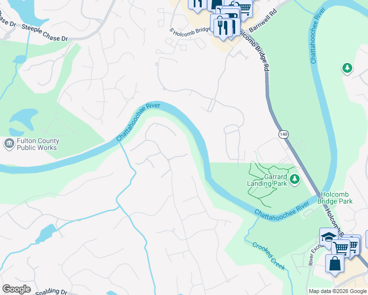 map of restaurants, bars, coffee shops, grocery stores, and more near 8131 Nesbit Ferry Road in Atlanta