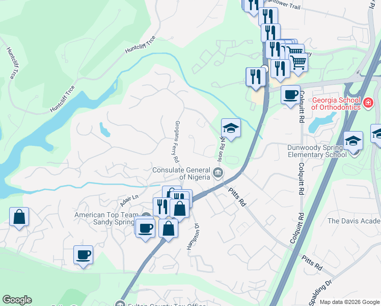 map of restaurants, bars, coffee shops, grocery stores, and more near 8115 Grogans Ferry Road in Atlanta