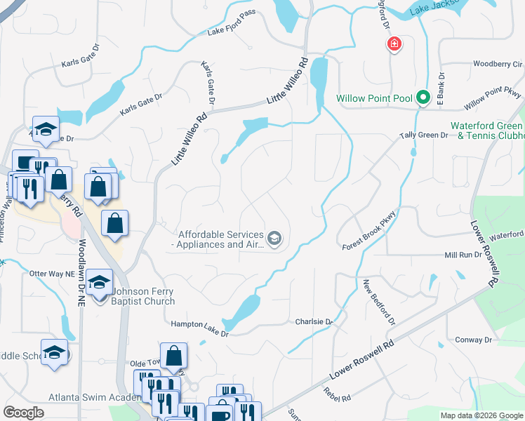 map of restaurants, bars, coffee shops, grocery stores, and more near 1206 Lake Colony Drive in Marietta
