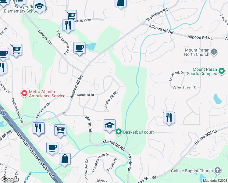 map of restaurants, bars, coffee shops, grocery stores, and more near 1093 Azalea Circle Northeast in Marietta