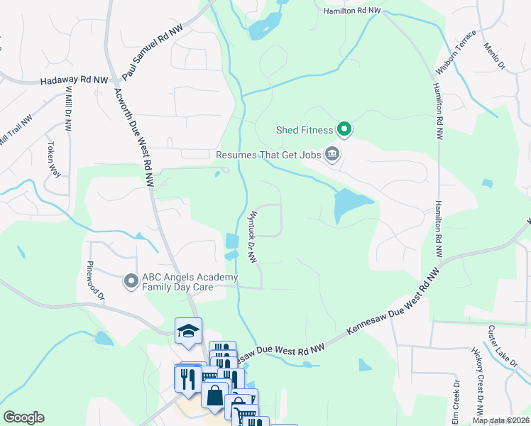 map of restaurants, bars, coffee shops, grocery stores, and more near 862 Wyntuck Drive Northwest in Kennesaw