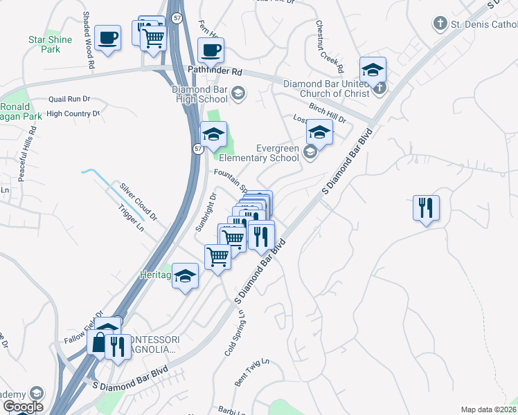 map of restaurants, bars, coffee shops, grocery stores, and more near 2632 Castlerock Road in Diamond Bar