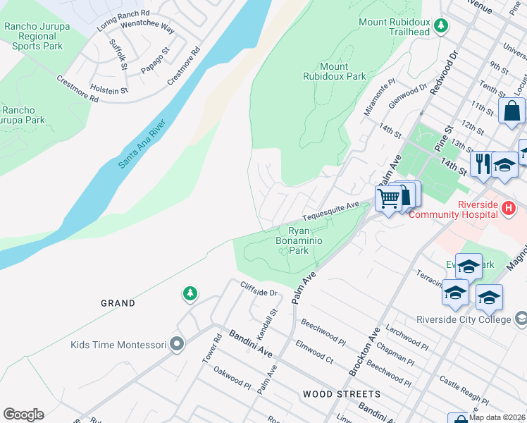 map of restaurants, bars, coffee shops, grocery stores, and more near 4826 Gregory Road in Riverside