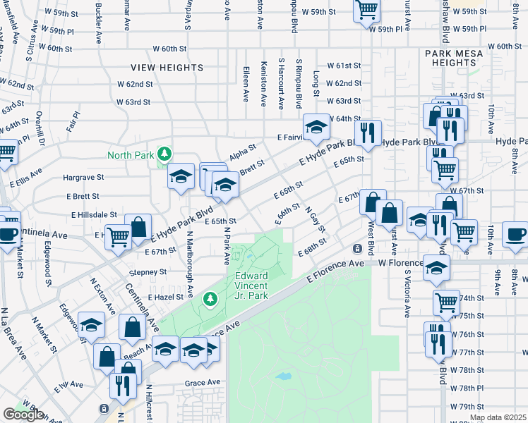map of restaurants, bars, coffee shops, grocery stores, and more near 916 East 65th Street in Inglewood