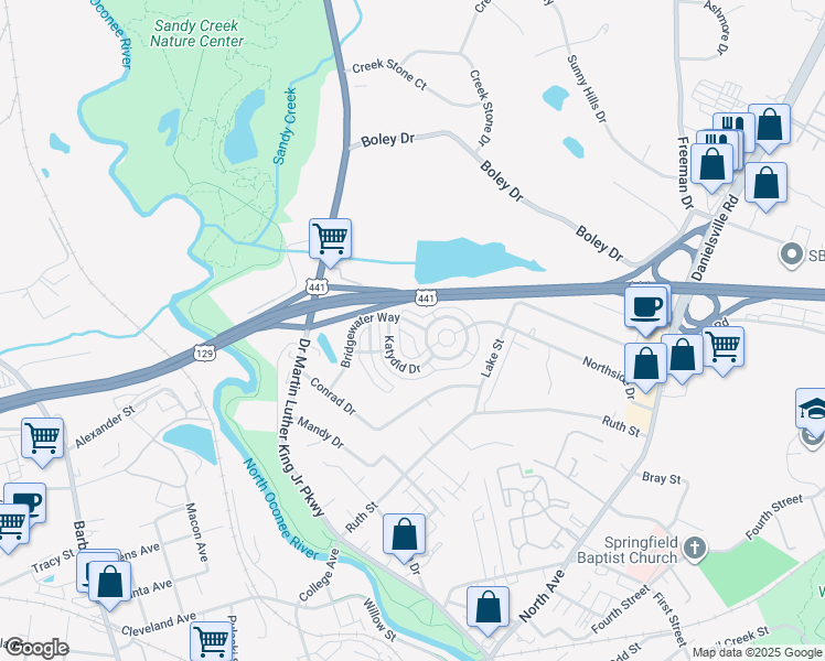 map of restaurants, bars, coffee shops, grocery stores, and more near 230 Bridgewater Circle in Athens