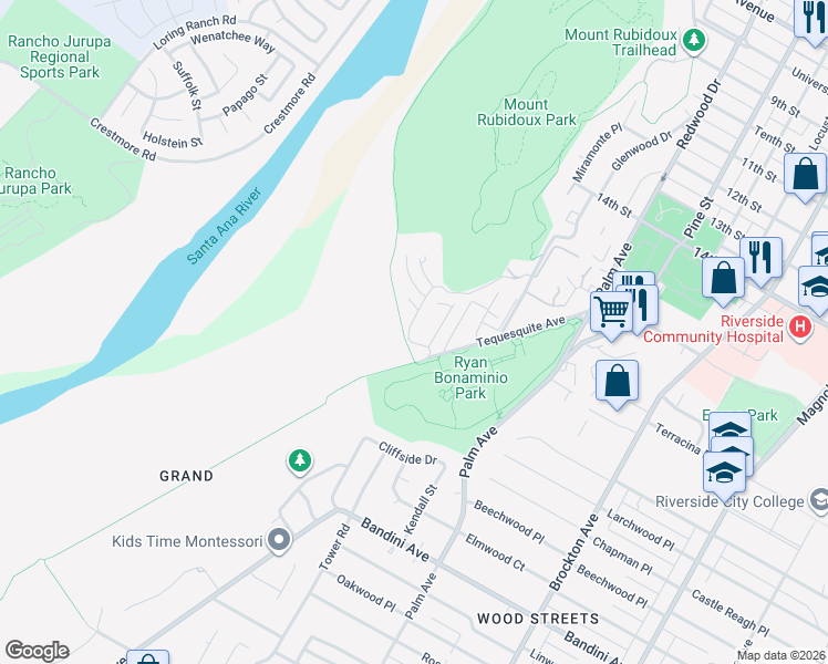 map of restaurants, bars, coffee shops, grocery stores, and more near 4826 Gregory Road in Riverside