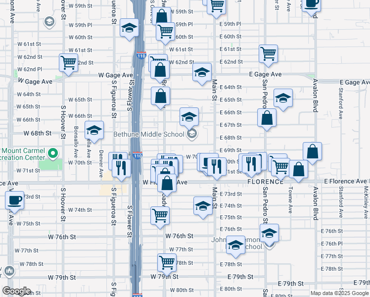 map of restaurants, bars, coffee shops, grocery stores, and more near 155 West 69th Street in Los Angeles