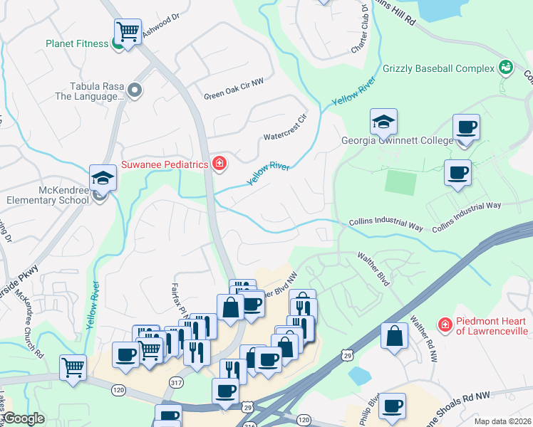 map of restaurants, bars, coffee shops, grocery stores, and more near 554 Rivulett Court in Lawrenceville