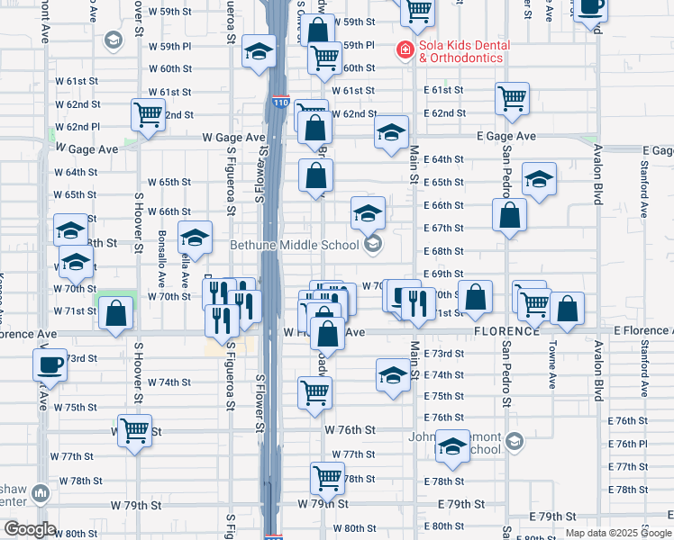 map of restaurants, bars, coffee shops, grocery stores, and more near 244 West 69th Street in Los Angeles
