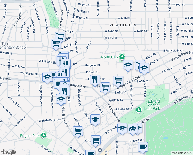 map of restaurants, bars, coffee shops, grocery stores, and more near 513 East Hillsdale Street in Inglewood