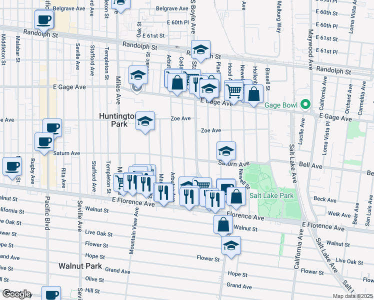 map of restaurants, bars, coffee shops, grocery stores, and more near 6818 Cedar Street in Huntington Park