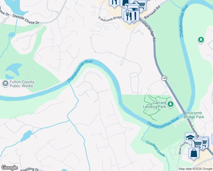 map of restaurants, bars, coffee shops, grocery stores, and more near 8131 Nesbit Ferry Road in Atlanta