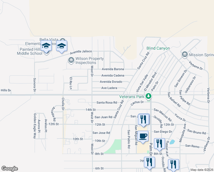 map of restaurants, bars, coffee shops, grocery stores, and more near 66124 Avenue Ladera in Desert Hot Springs