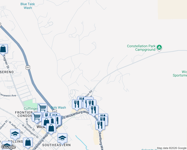 map of restaurants, bars, coffee shops, grocery stores, and more near 586 Constellation Road in Wickenburg