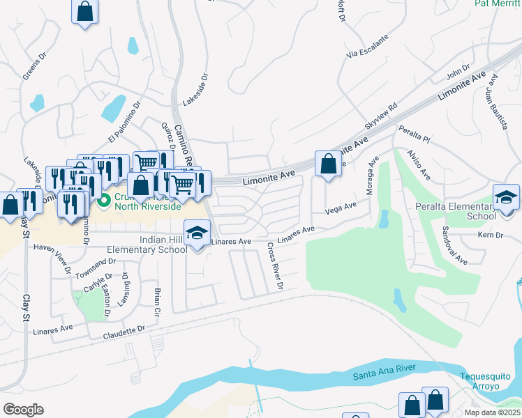 map of restaurants, bars, coffee shops, grocery stores, and more near 6130 Camino Real in Jurupa Valley