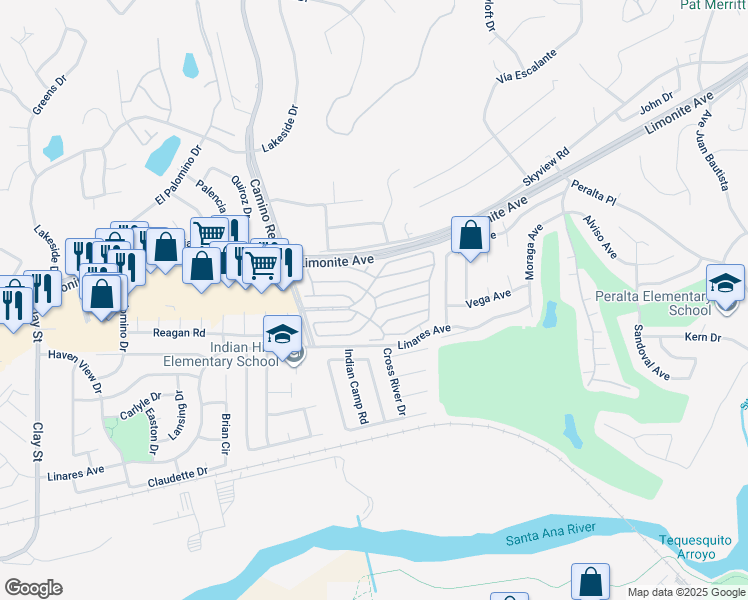 map of restaurants, bars, coffee shops, grocery stores, and more near 6130 Camino Real in Riverside