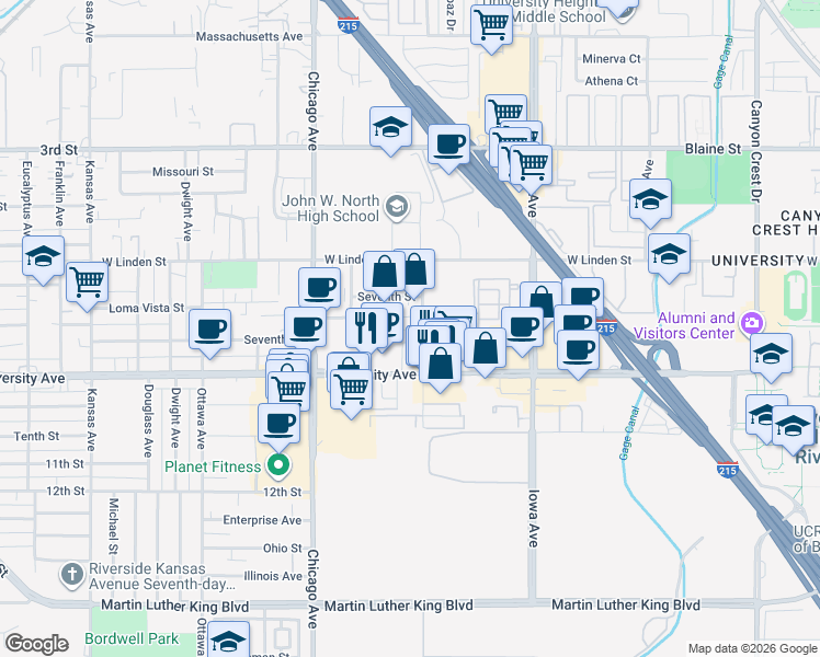 map of restaurants, bars, coffee shops, grocery stores, and more near 1555 University Avenue in Riverside