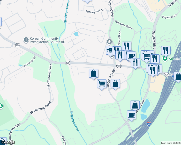 map of restaurants, bars, coffee shops, grocery stores, and more near 2567 Staunton Lane in Duluth