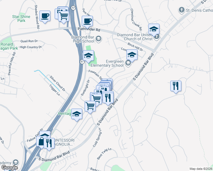 map of restaurants, bars, coffee shops, grocery stores, and more near 2632 Castlerock Road in Diamond Bar