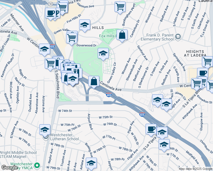 map of restaurants, bars, coffee shops, grocery stores, and more near W Centinela Ave & Green Valley Cir in Culver City