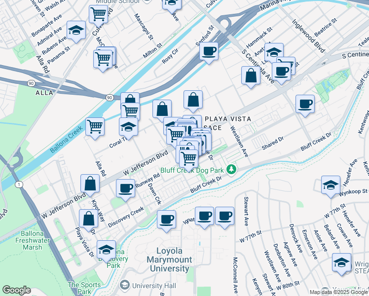 map of restaurants, bars, coffee shops, grocery stores, and more near 12746 West Jefferson Boulevard in Los Angeles