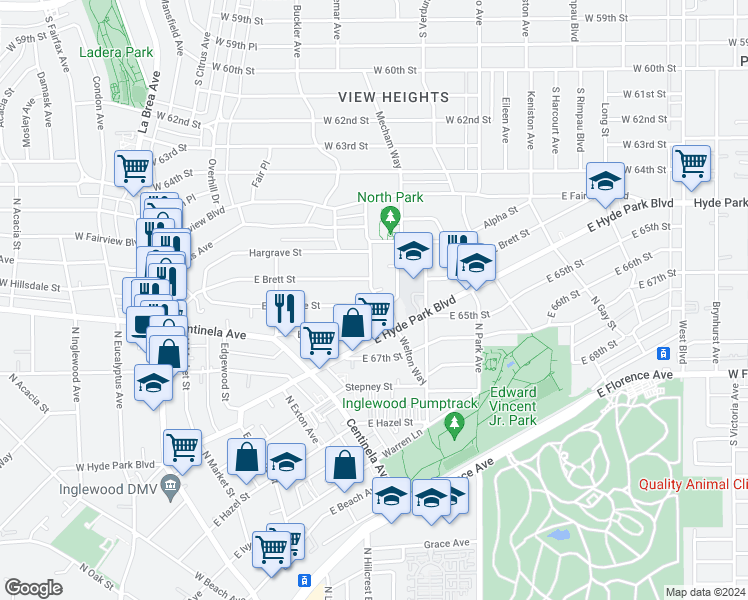 map of restaurants, bars, coffee shops, grocery stores, and more near 601 East Hillsdale Street in Inglewood