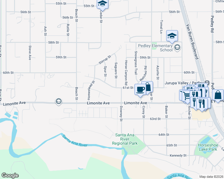 map of restaurants, bars, coffee shops, grocery stores, and more near 9461 Corral Street in Riverside