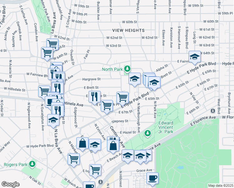 map of restaurants, bars, coffee shops, grocery stores, and more near 581 East Hillsdale Street in Inglewood