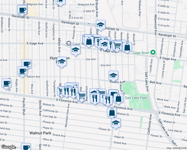 map of restaurants, bars, coffee shops, grocery stores, and more near 6818 Cedar Street in Huntington Park